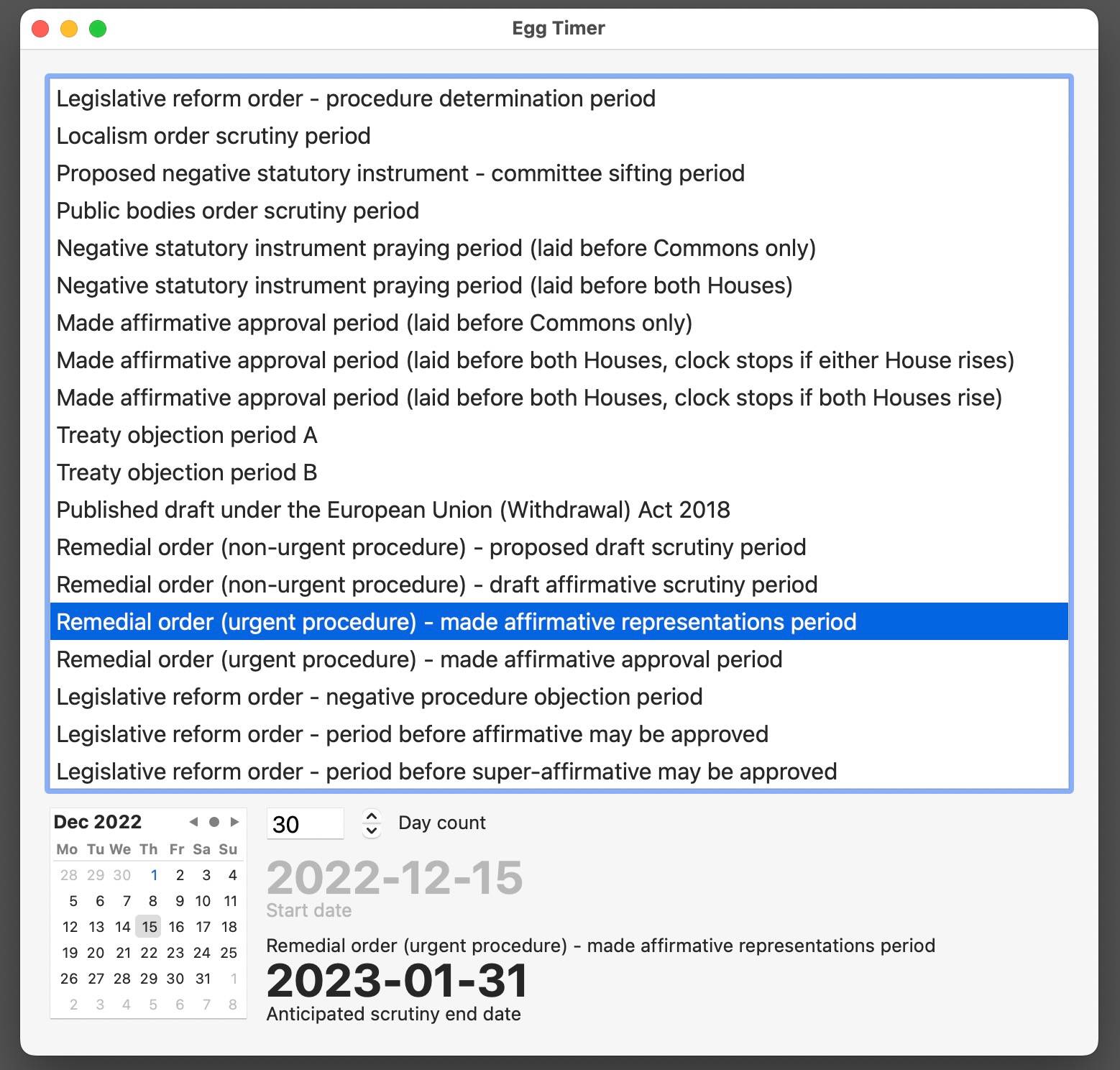 A screenshot of the Egg Timer Mac app showing a scrutiny date calculation for remedial orders